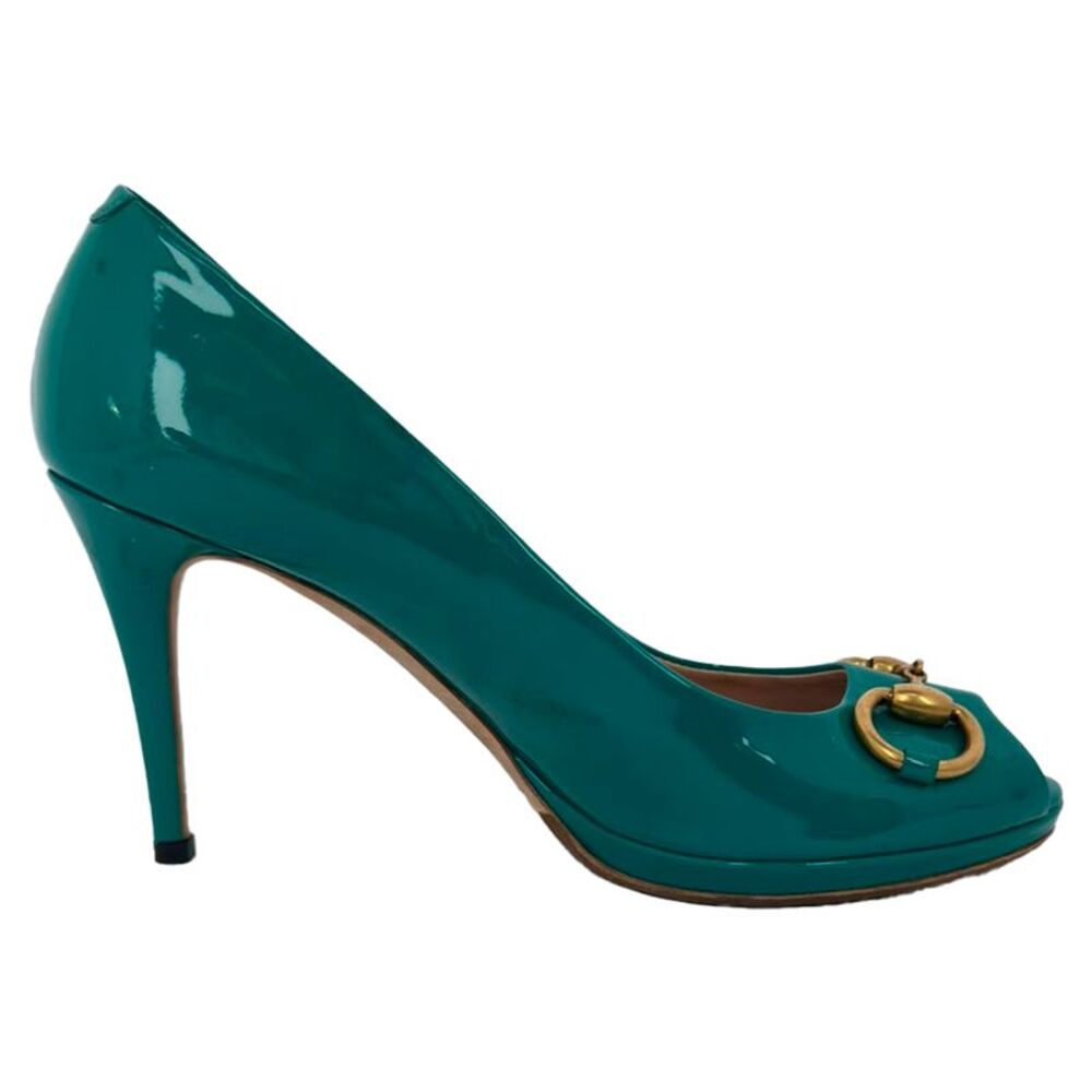 Gucci New Hollywood Horsebit Peep Toe Pumps in Turquoise Patent Leather